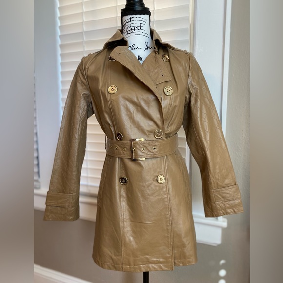 IMAN Jackets & Blazers - IMAN Beige Leather Double Breasted Trench Coat Jacket Size XS
